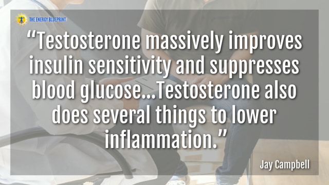 “Testosterone massively improves insulin sensitivity and suppresses blood glucose…Testosterone also does several things to lower inflammation.”- Jay Campbell